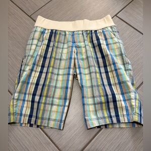 Target Women's Maternity Plaid Bermuda Shorts in Navy, Yellow, Cream, Blue
